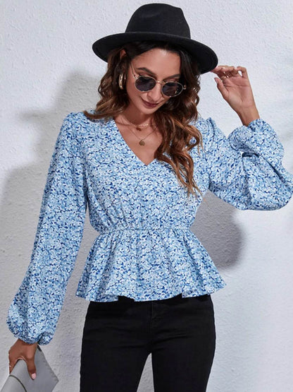 Floral V-Neck Balloon Sleeve Peplum Blouse Trendsi 0c6c20851c80466ab32bf91ec557ee5a-Max