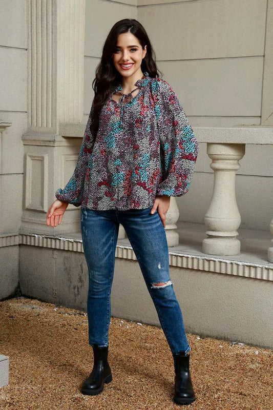 Tie Neck Heathered Balloon Sleeve Blouse Multicolor Trendsi 0cb1afc417bb41598998484596f528c4-Max