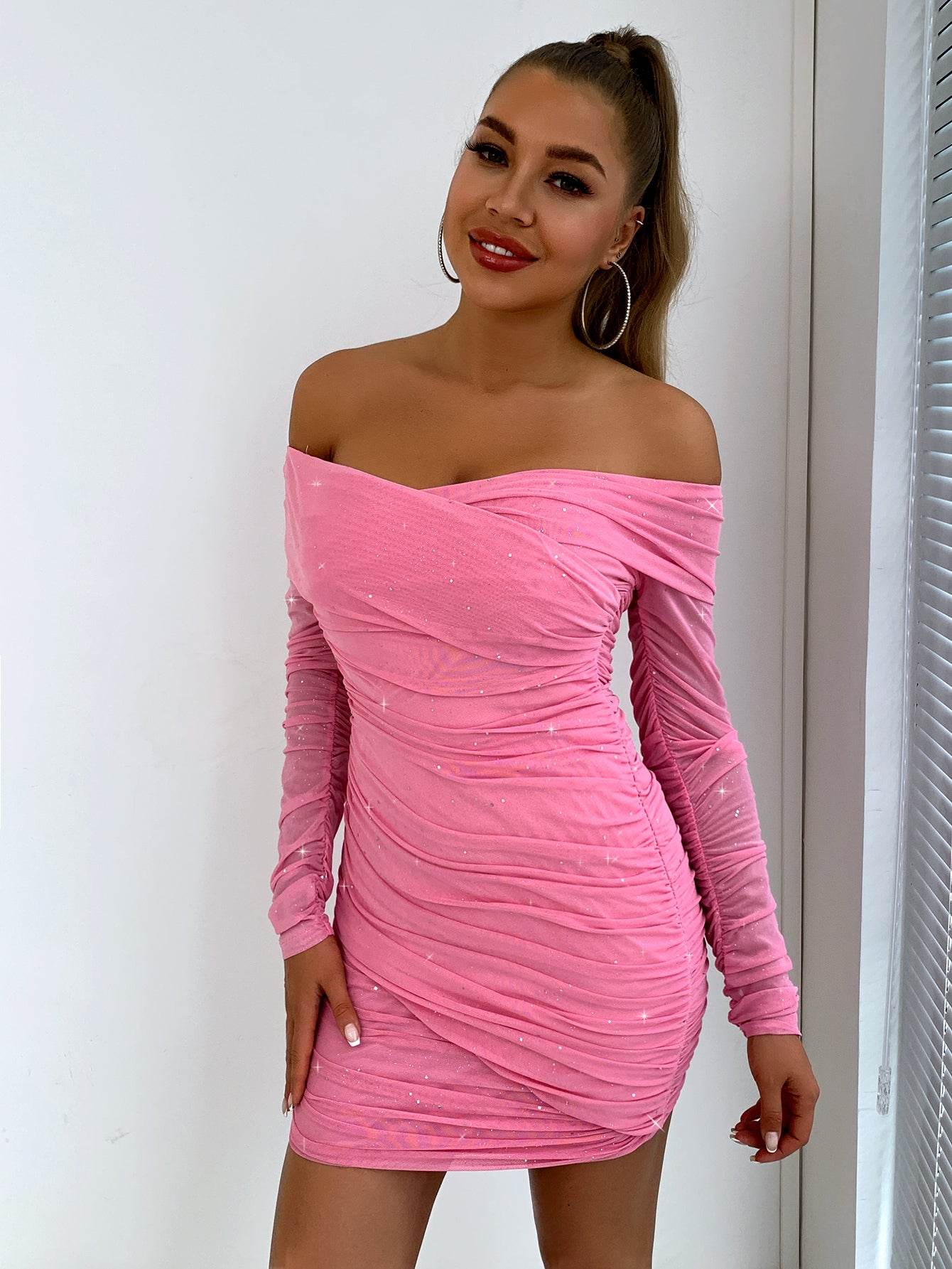 Glitter Ruched Off-Shoulder Long Sleeve Bodycon Dress Trendsi 0cdc0993abc74335ad70ad802f3cf246-Max