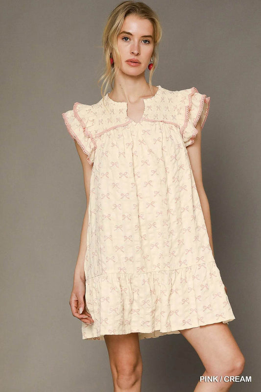 Umgee Bow Print Ruffled Cap Sleeve Mini Dress PINK CREAM Trendsi 0cf03e01-54eb-46d7-a90c-f8c50c016306-Max-Origin