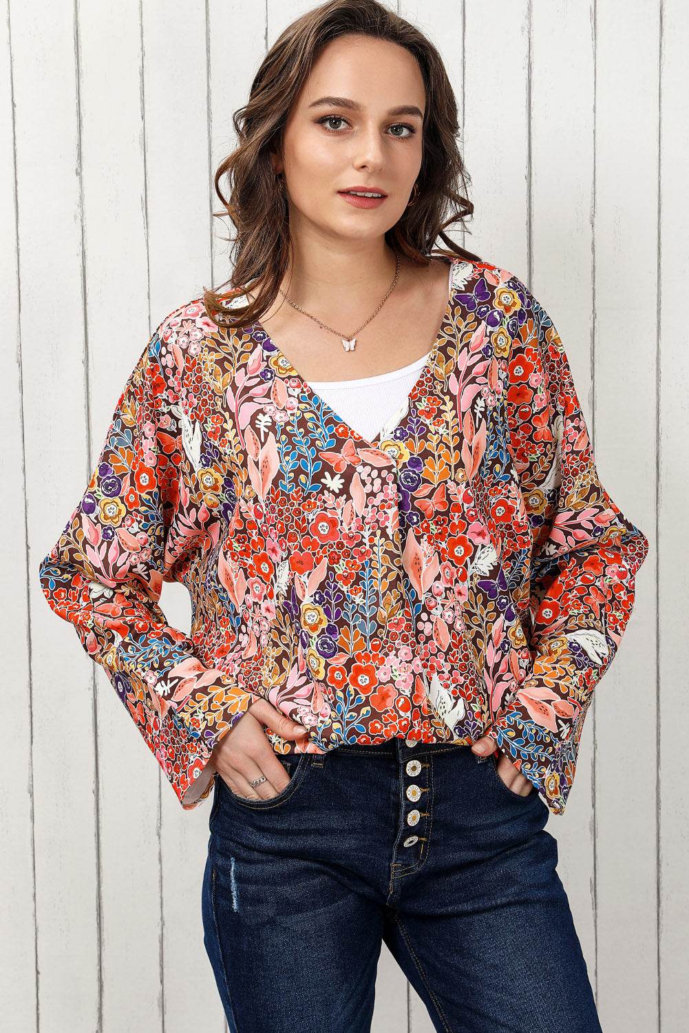 Floral V-Neck Long Sleeve Blouse Trendsi 0cf542700f3142b58616a337e0675925-Max
