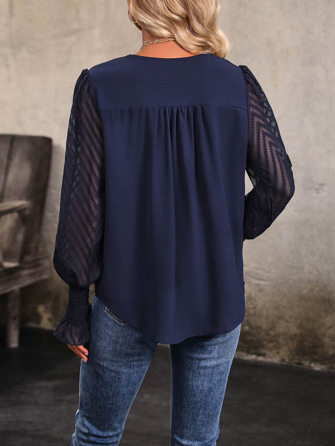 Perfee V-Neck Long Mesh Sleeve Top Trendsi 0cff91a2961a4688b948dc6c5f8b80ad-Max
