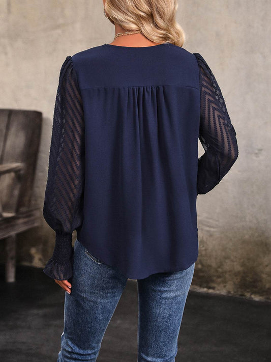 Perfee V-Neck Long Mesh Sleeve Top Trendsi 0cff91a2961a4688b948dc6c5f8b80ad-Max