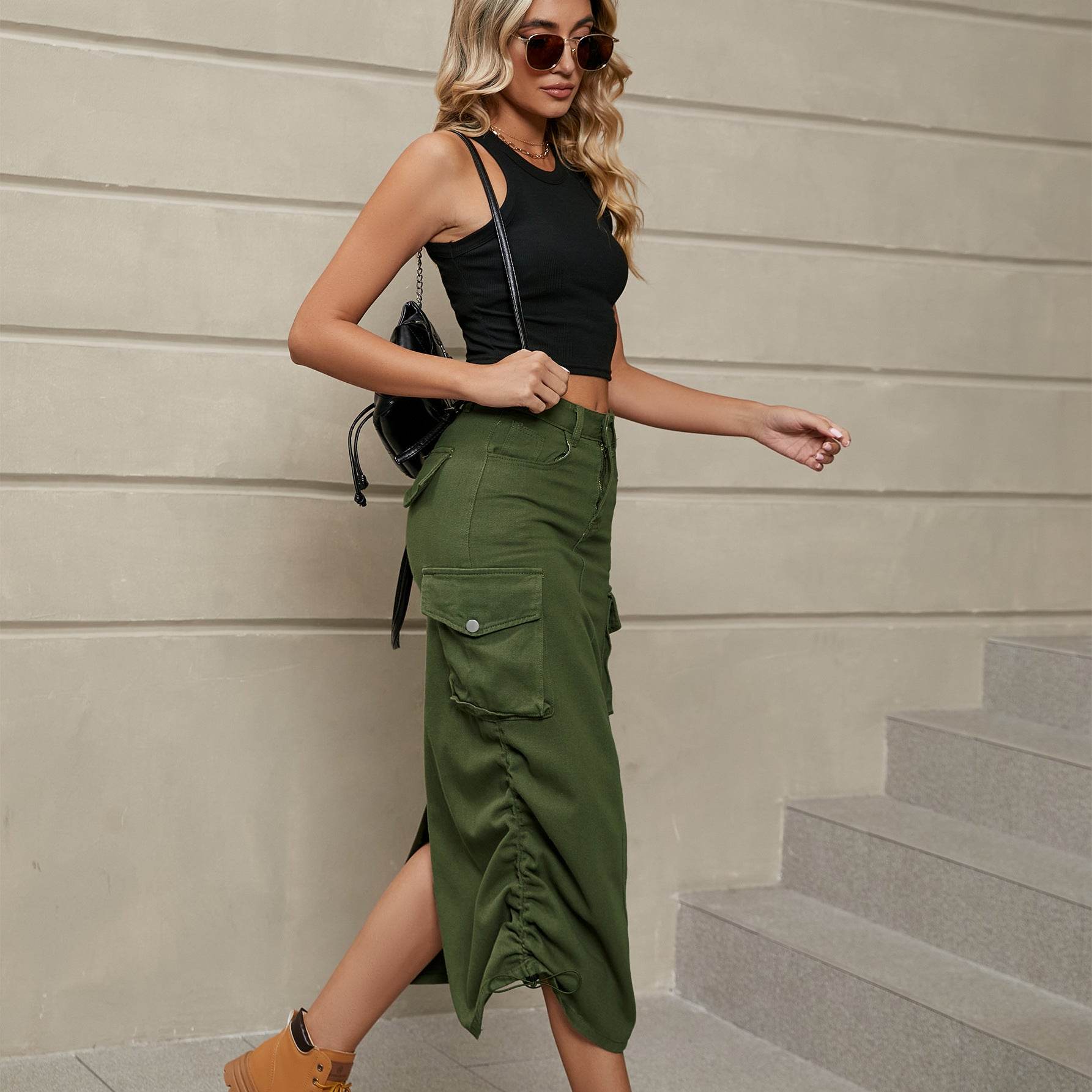 Drawstring Ruched Slit Denim Midi Skirt Trendsi 0d10a330d3d34ae8a960035123fd5835-Max
