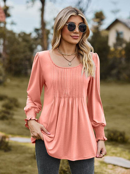 Puff Sleeve Pleated Blouse Coral Trendsi 0d12b532043a4f1897ed39260bd63b81-Max