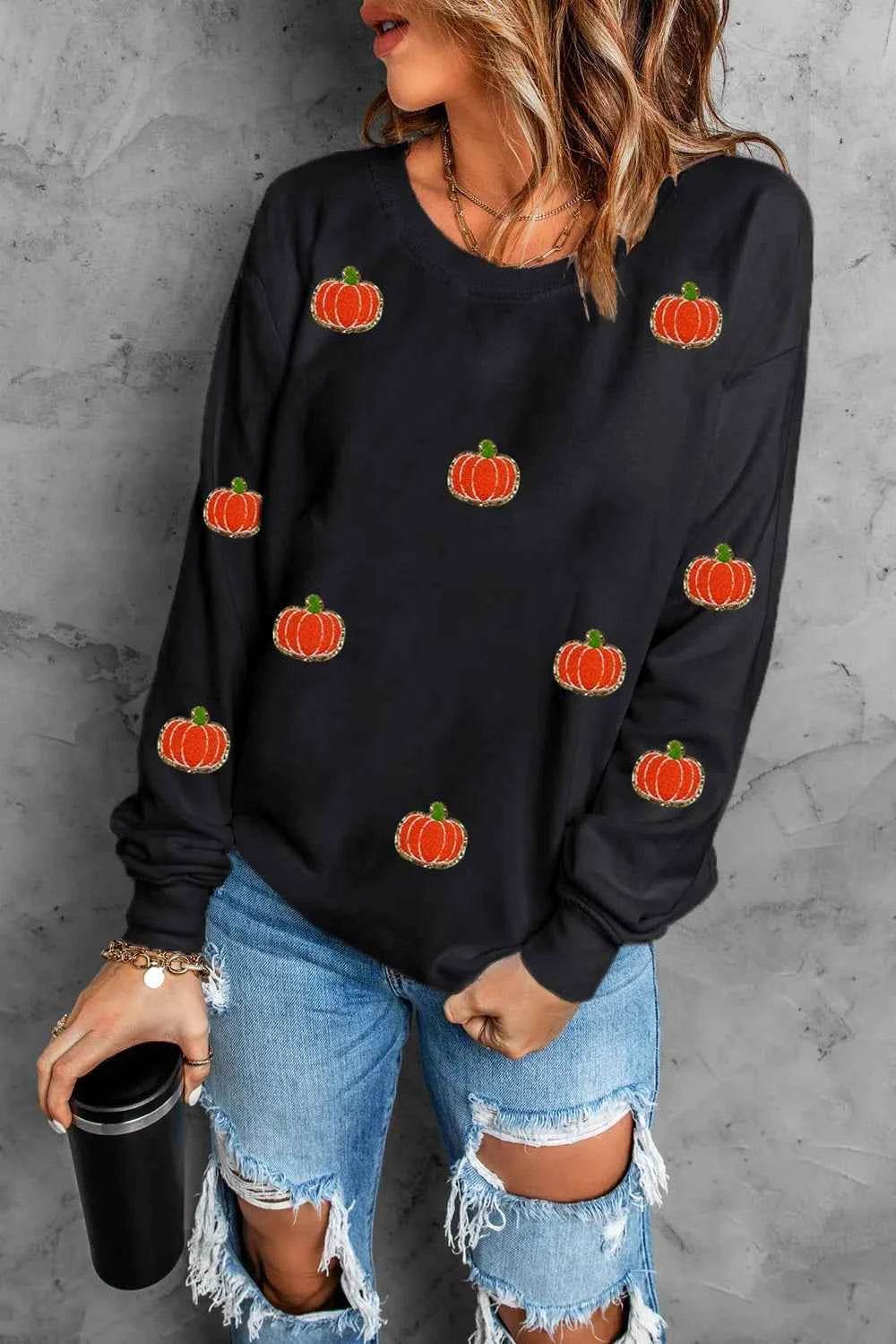 Pumpkin Round Neck Long Sleeve Sweatshirt Black Trendsi 0d3e2b93-8ebd-43e3-ada4-8d8d638b783c-Max