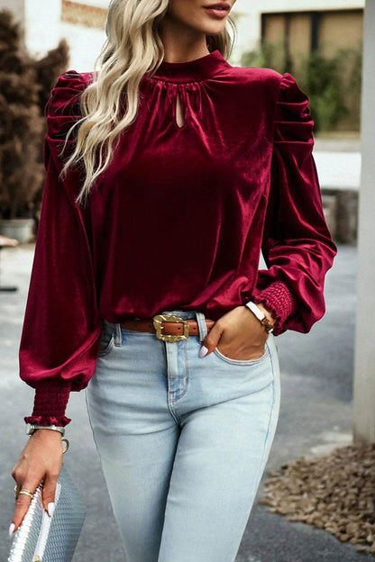 Tie Up Mock Neck Velvet Fabric Long Sleeve Blouse Trendsi 0d5301bb-4573-4430-a28b-2e7919dd82ef-Max