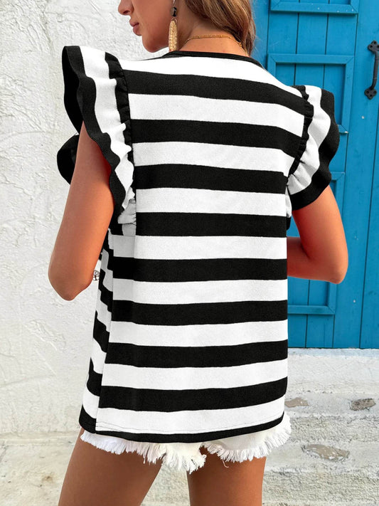 Contrast Striped Ruffle Sleeve T-Shirt Trendsi 0d7b5a4a41d940ab8987a5f2043429eb-Max-Origin