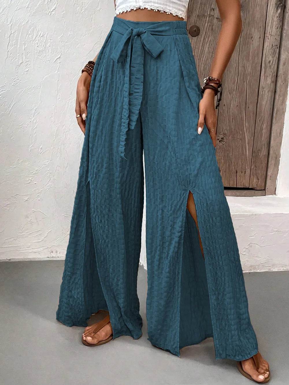 Honey Tied Slit Wide Leg Pants Trendsi 0d8aa15b-f86c-49e9-af2b-62d787fb2a47-Max