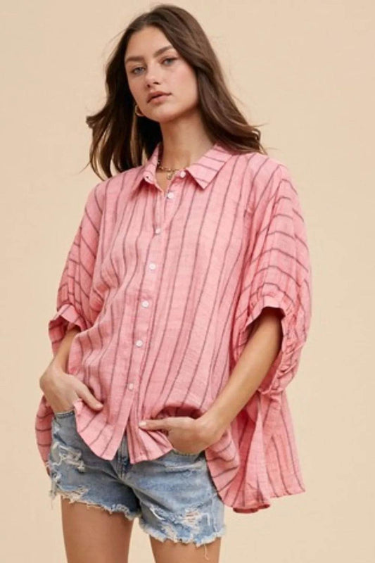 Annie Wear Striped Button Up Half Sleeve Shirt Trendsi 0da10784-ebfa-4ae5-9529-3d9010a2bc4d-Max