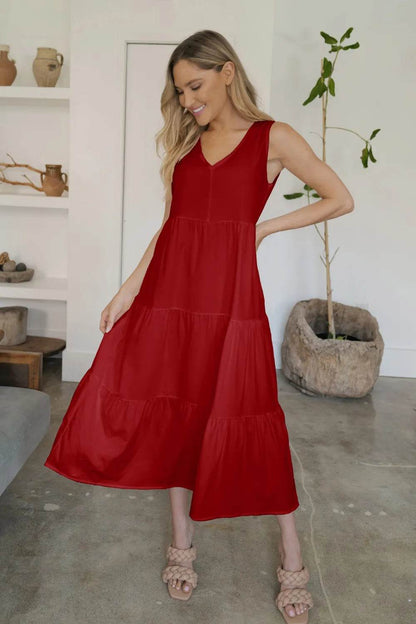FAM-FAM Tiered V-Neck Sleeveless Dress Burgundy Trendsi 0da93ed2-dcdc-494b-a5a6-70efe1f5353f-Max