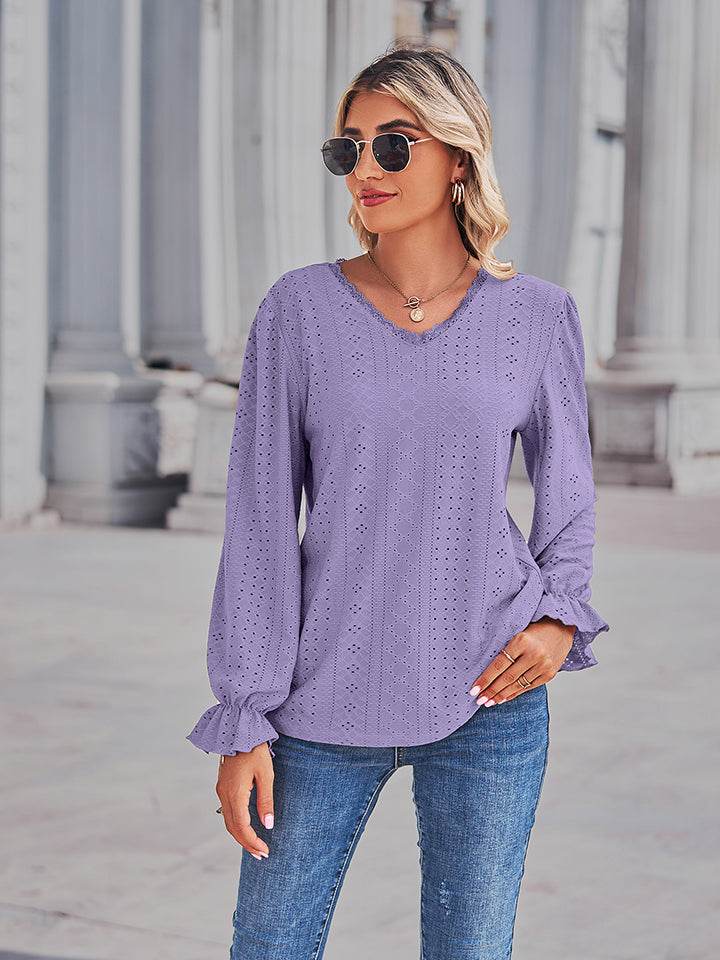 Eyelet V-Neck Flounce Sleeve Blouse Lavender Trendsi 0dbbc3d0028847878e181937e936dd77-Max
