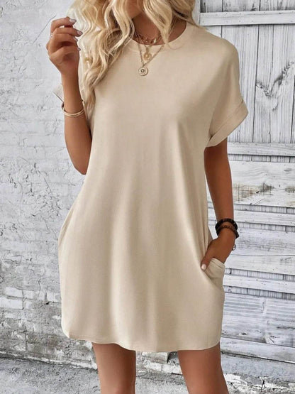 Pocketed Round Neck Short Sleeve Dress Tan Trendsi 0dc5fa39-5f55-4afc-b005-d87ab3ee36a7-Max