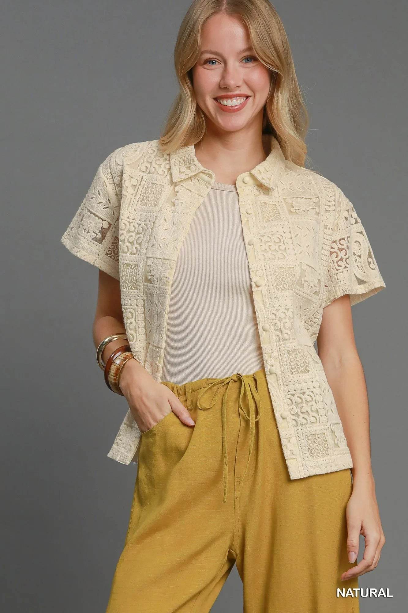 Umgee Patch Lace Short Sleeve Button Down Shirt NATURAL Trendsi 0dccfc2e-013f-453d-b782-f5bb27f37e21-Max-Origin