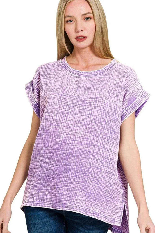 Zenana Woven Double Gauze Acid Washed Short Sleeve Top LAVENDER Trendsi 0de49456-3840-4847-a8ce-fb4d0ba2896d-Max-Origin