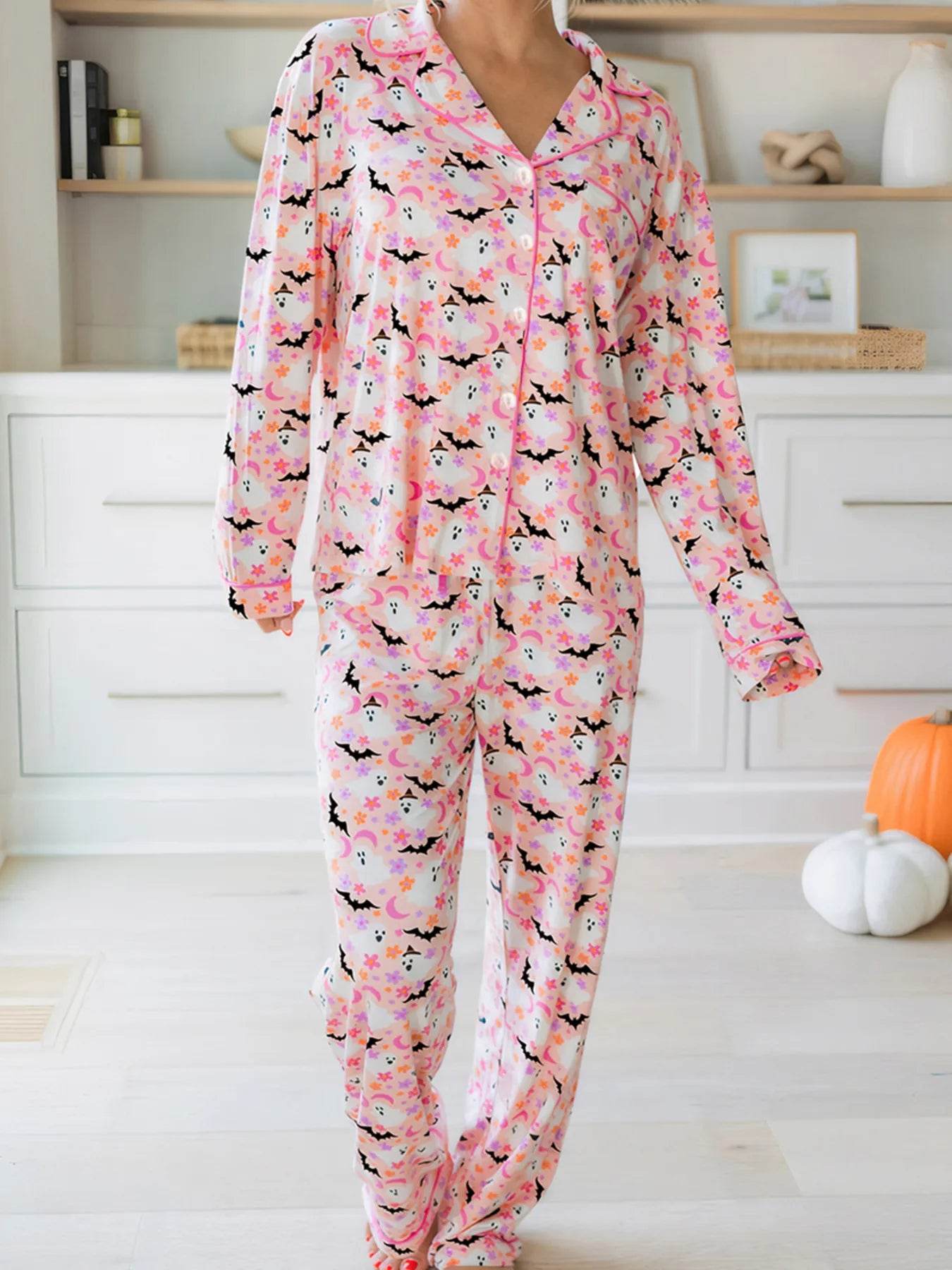 Halloween Ghost Print Button Up Top and Pants Lounge Set Dusty Pink Trendsi 0e3035a9451146e4821e5089fcdc29eb-Max-Origin