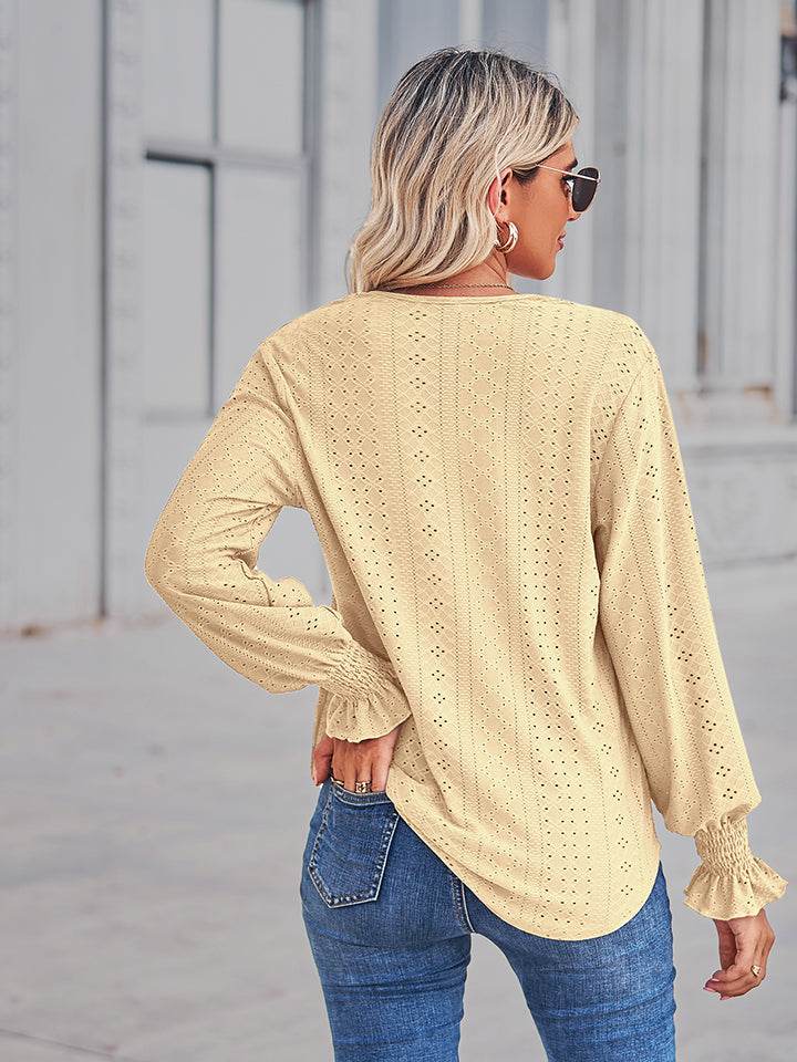 V-Neck Eyelet Flounce Sleeve Blouse Trendsi 0e809ecd65b94c11b74e2ef95dac0169-Max