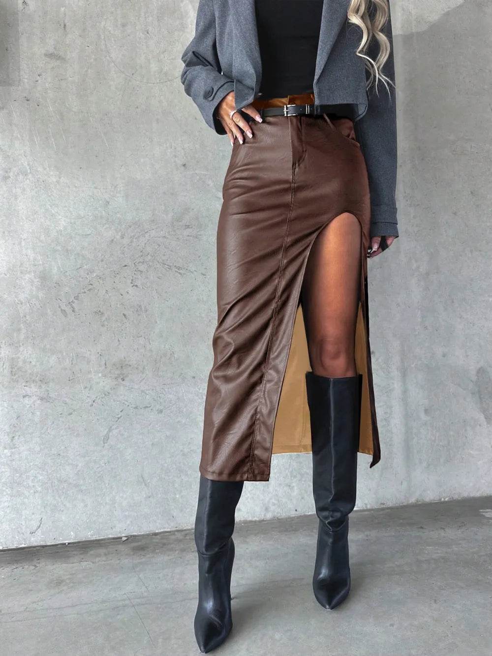 Slit Midi Skirt with Pockets Taupe Trendsi 0ed07510-868c-4143-adb3-5423ab32efaa-Max