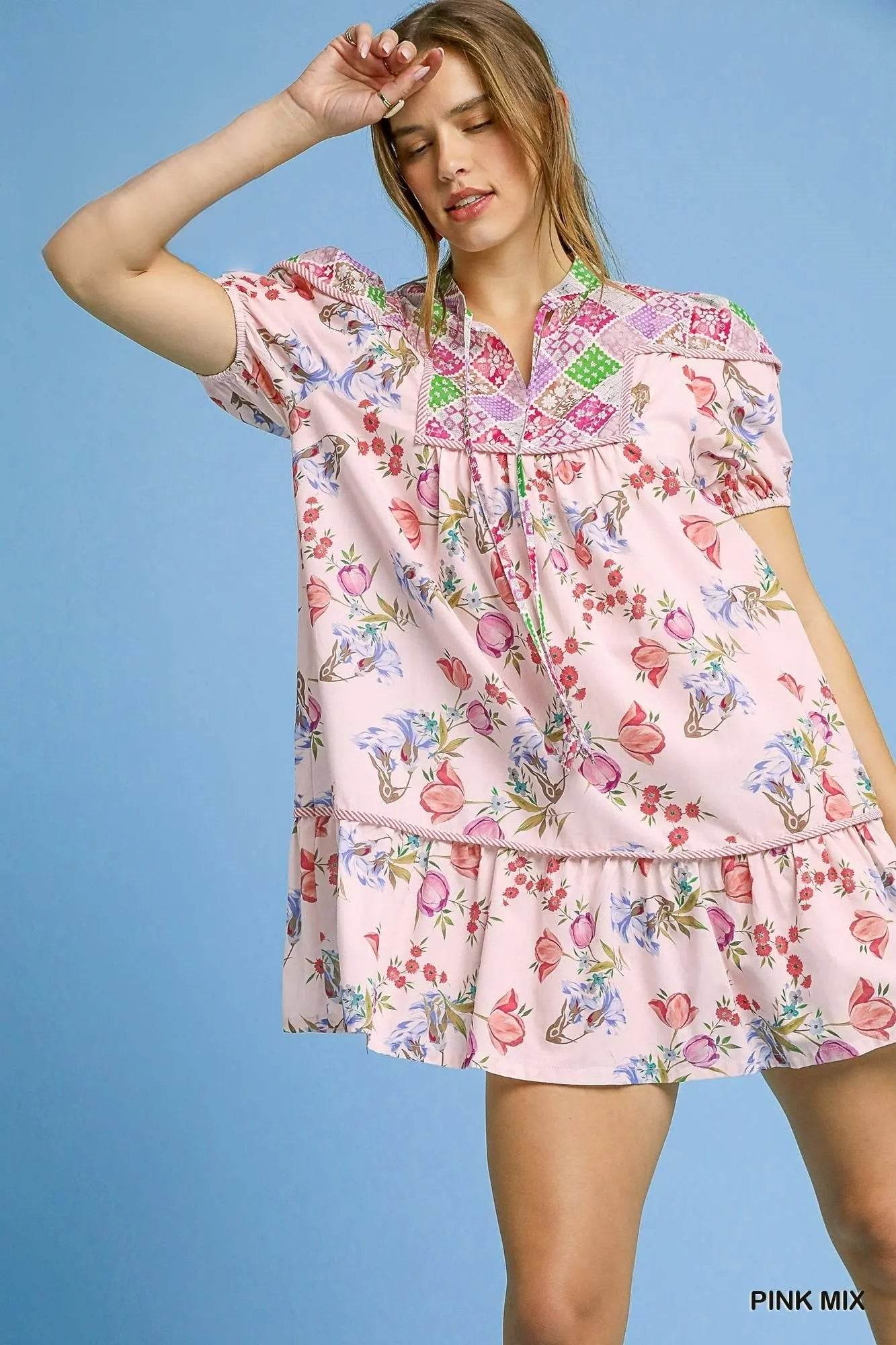Umgee Floral Print Tie Neck Puff Sleeve Dress Trendsi 0ed33e80-3f1e-40d2-9918-7f42160c0f3d-Max-Origin