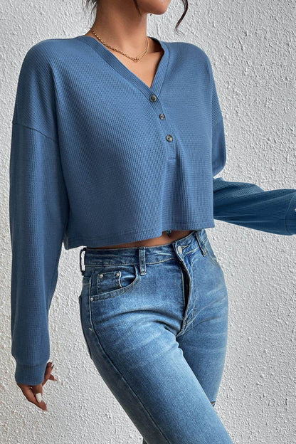 Ivy Lane Cropped V-Neck Raglan Sleeve Buttoned Blouse Trendsi 0f252f6af89249869632328430af5d83-Max