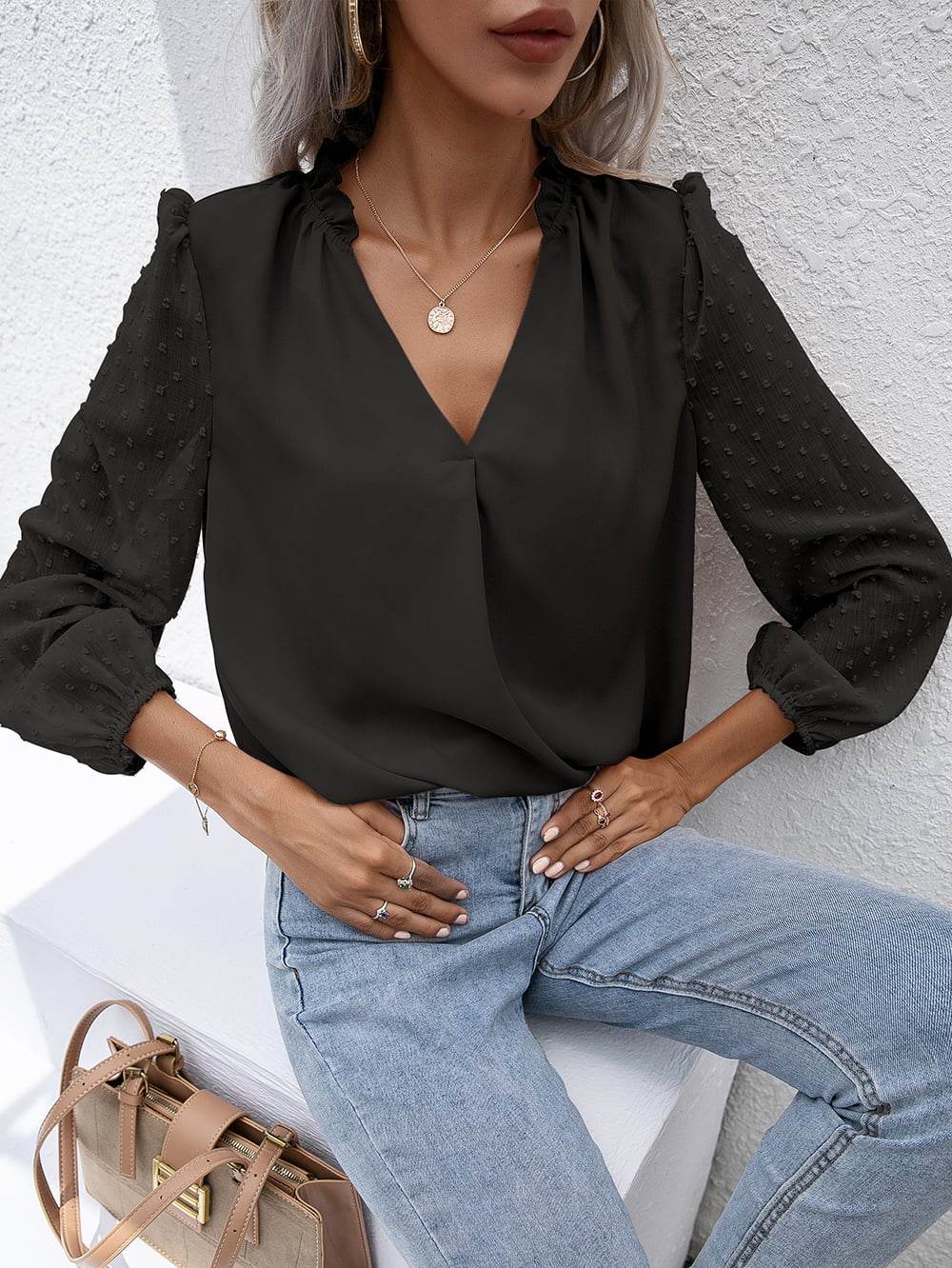 Ivy Lane Swiss Dot Frill Trim Puff Sleeve Blouse Trendsi 0f329b0452334573ae9f1a0e01aa1b7f-Max