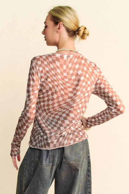 Davi & Dani Checker Board Mesh Long Sleeve Layering Top Trendsi 0f4f322628754fbca4aa9e6455846efb-Max-Origin