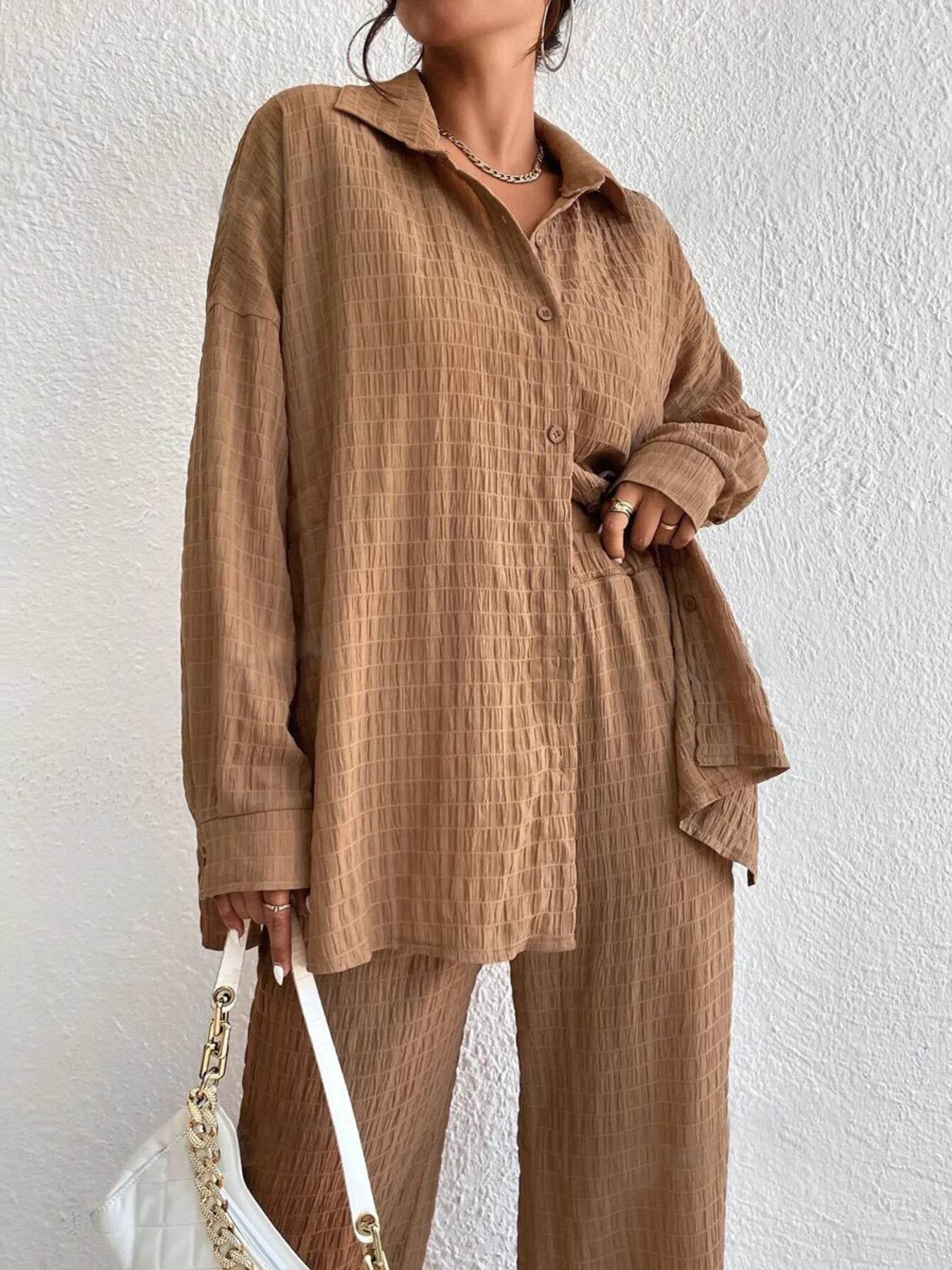 Button Up Long Sleeve Shirt and Pants Set Trendsi 0f5869de2fd6440fb1dc05528b450ae6-Max-Origin