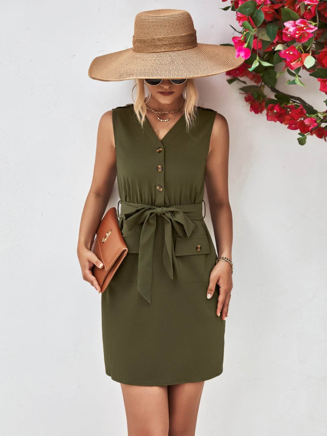 Buttoned V-Neck Belted Sleeveless Dress Army Green Trendsi 0f61fddcfbff457c91151cfff021da24-Max