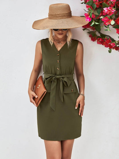 Buttoned V-Neck Belted Sleeveless Dress Army Green Trendsi 0f61fddcfbff457c91151cfff021da24-Max