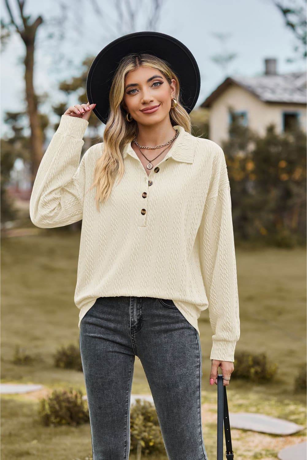 Collared Neck Long Sleeve Blouse Ivory Trendsi 0f625f5368154b8e930b370e04cb0226-Max