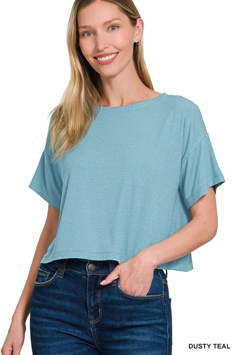 Zenana Ribbed Round-Neck Crop T-Shirt DUSTY TEAL Trendsi 0f6350cb574b4d71a6dae9926fb3f2ba-Max-Origin