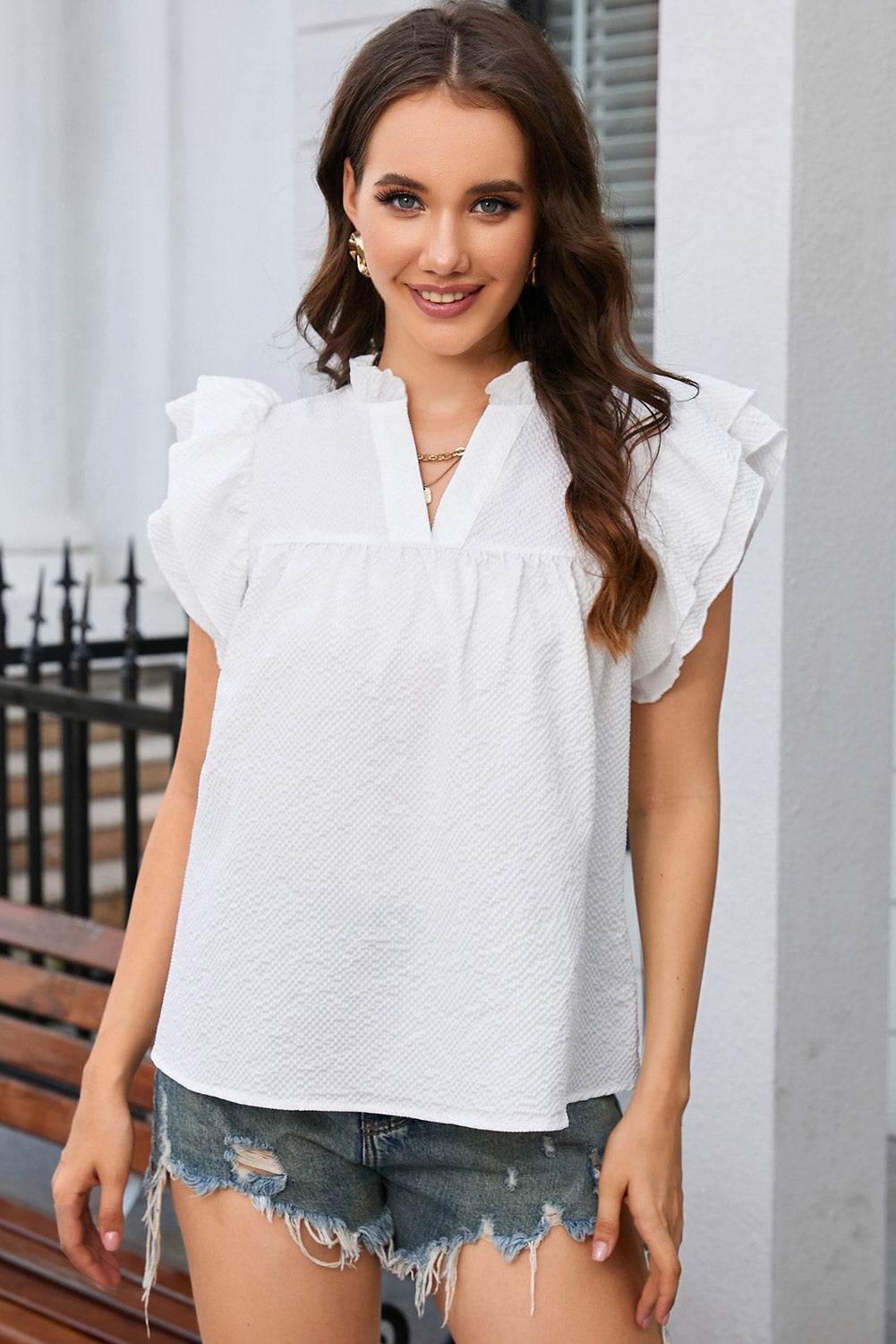 Notched Neck Butterfly Sleeve Blouse Trendsi 0f8c57710e7341ba807e805978ddae54-Max