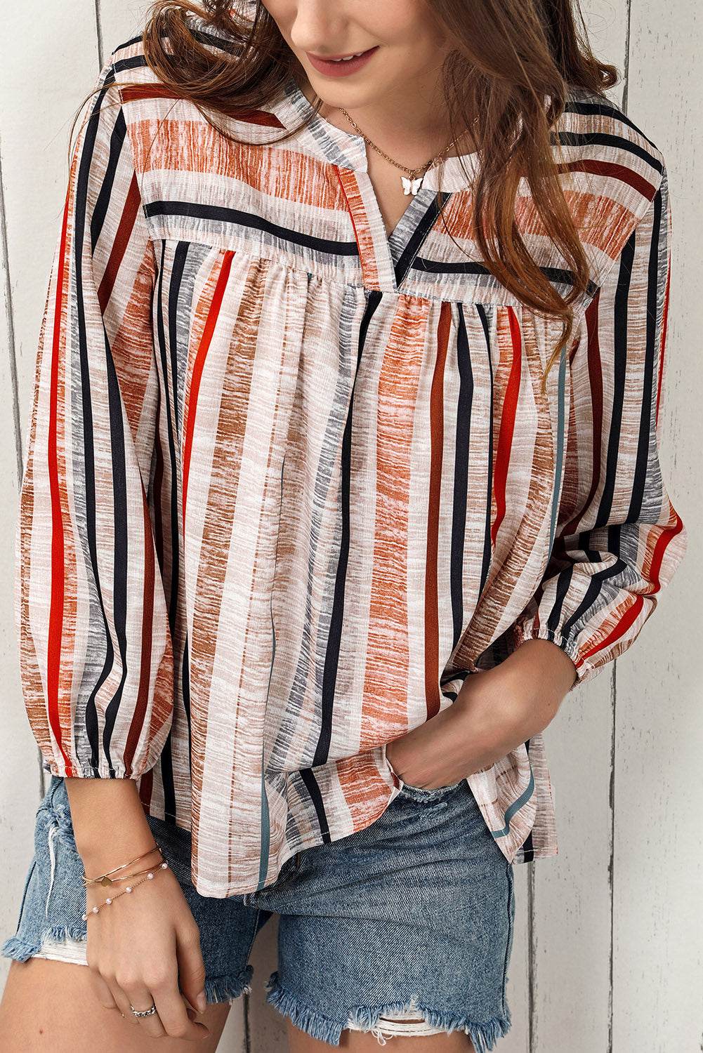 Multicolored Stripe Notched Neck Top Trendsi 0fac00509cc34b98b6dcd5b0f9c98122-Max