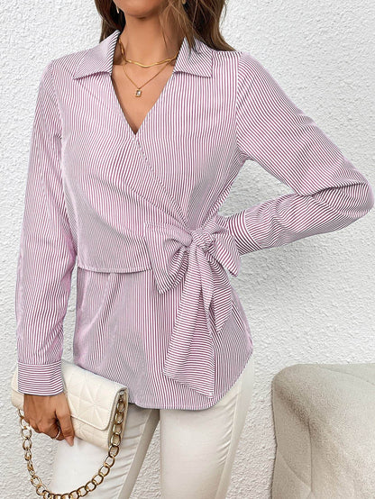 Ivy Lane Bow Tie Waist Johnny Collar Neck Striped Blouse Trendsi 0facaac468f2434c886952ffd79cebe4-Max
