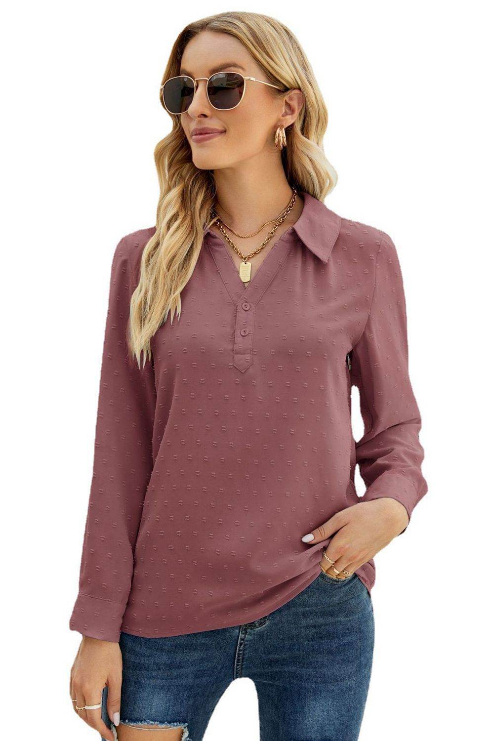 Swiss Dot Johnny Collar Blouse Trendsi 0fb60113d5714d2782ddfc2457b3f636-Max