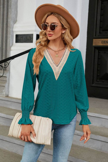 V-Neck Flounce Sleeve Blouse Trendsi 0fca03f23e5a408f82d8d384edf9f3a5-Max