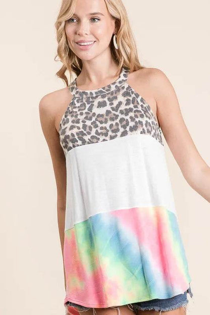 BiBi Leopard and Tie Dye Block Halter Neck Top Trendsi 10013b57570740058abec6600dbf9c0e-Max-Origin
