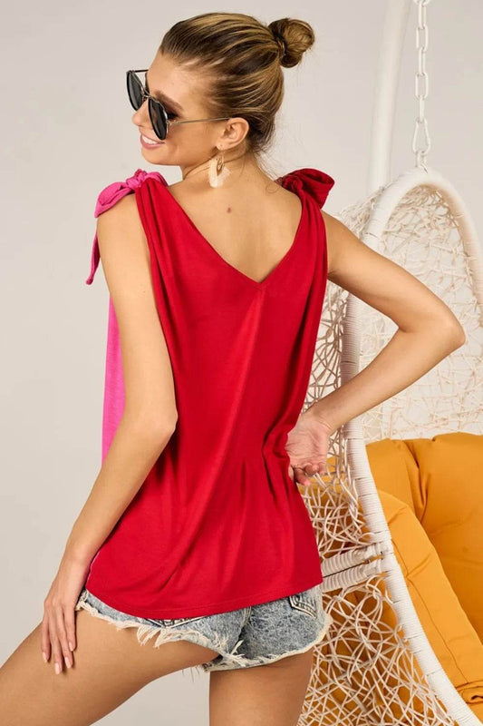 BiBi Shoulder Ribbon Tied Contrast Tank Trendsi 1018b9ed-9dfe-43df-9689-3761010180ea-Max