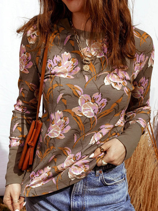 Floral Print Waffle Textured Long Sleeve Top Brown Trendsi 1025522c7fbb4c2cb33501f5e64c1921-Max-Origin