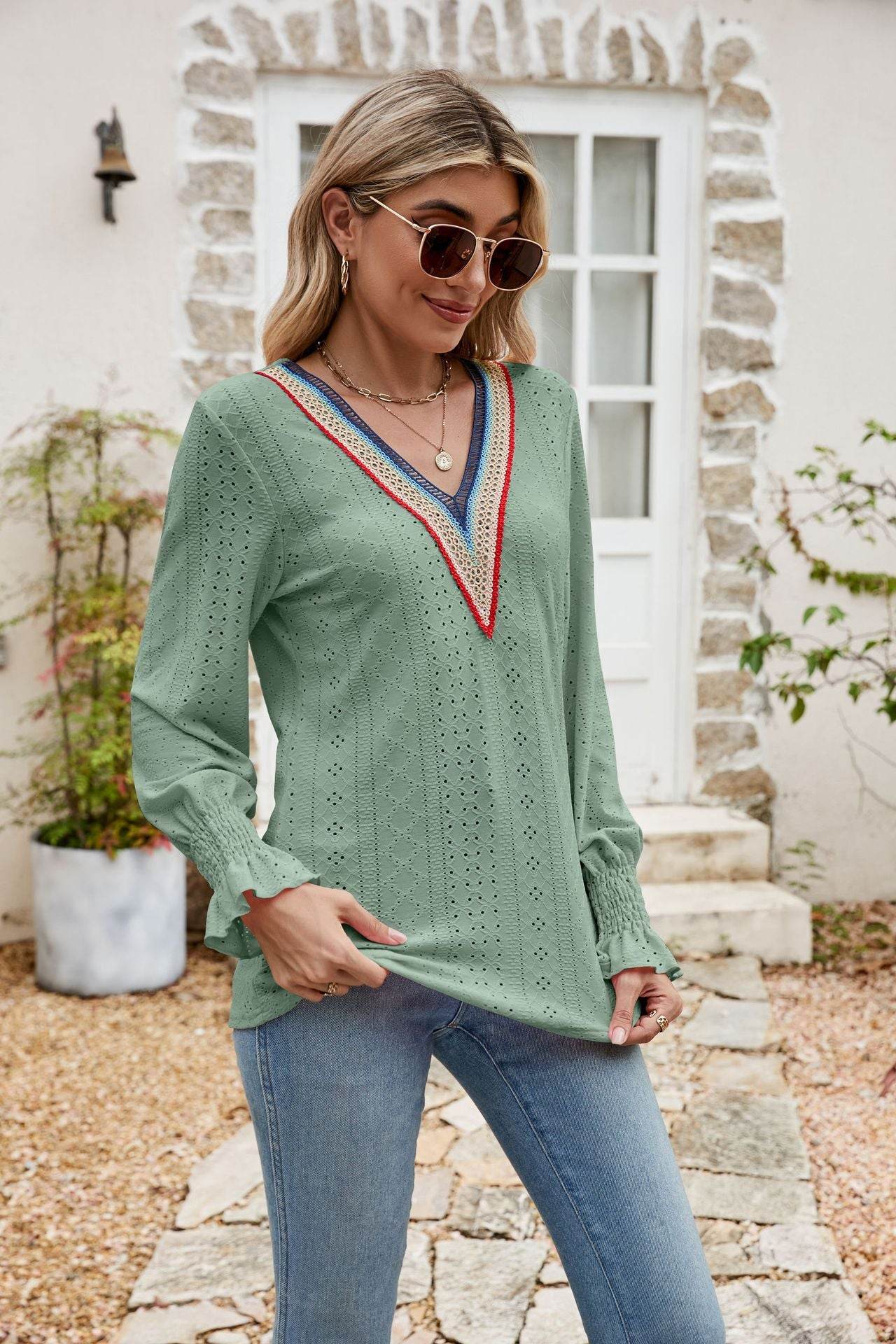 Eyelet Flounce Sleeve V-Neck Blouse Trendsi 1048e80757614acf8461cf646f78c286-Max