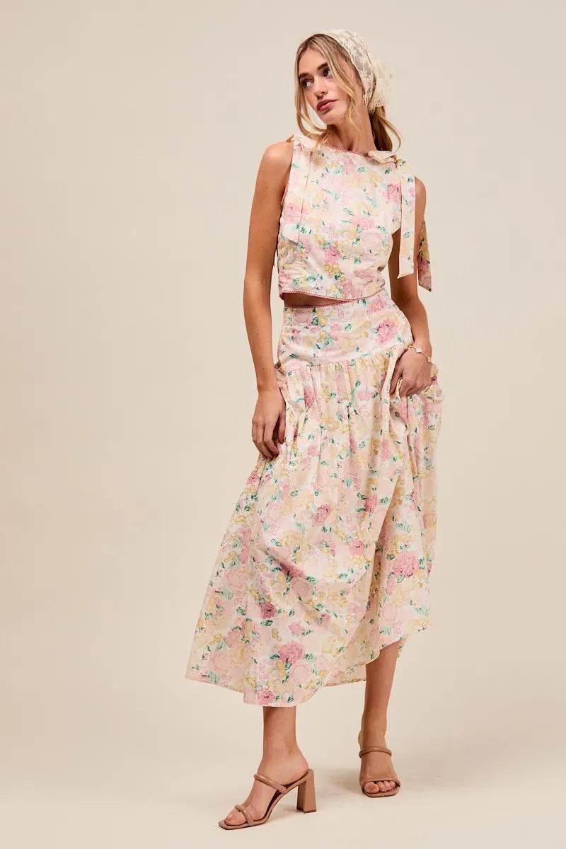 SO ME Floral Printed Woven Shoulder Bow Tie Top and Skirt Set Trendsi 1062519550a54964be26339364fb6dde-Max-Origin