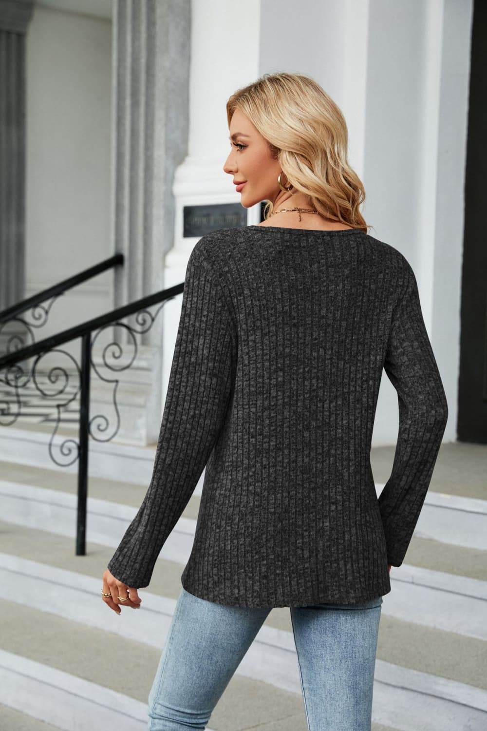 Buttoned Long Sleeve Slit Top Trendsi 108b40f1024f4bfba862d61ae8962102-Max