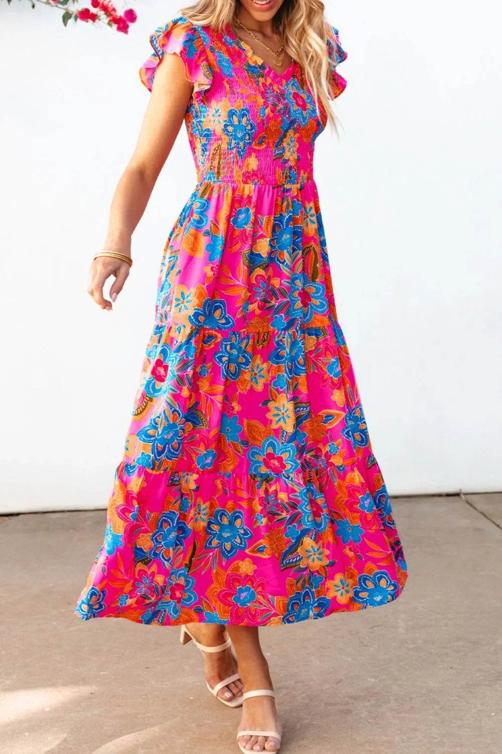 Boho Floral V Neck Ruffle Tiered Dress Trendsi 10c33185-17f9-499e-b37a-764576e6d17a-Max-Origin