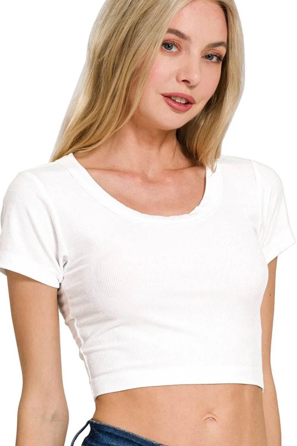 Zenana Ribbed Scoop Neck Crop Short Sleeve Top WHITE Trendsi 10e53954-ca2f-4b40-9419-efd4cf43be6b-Max-Origin