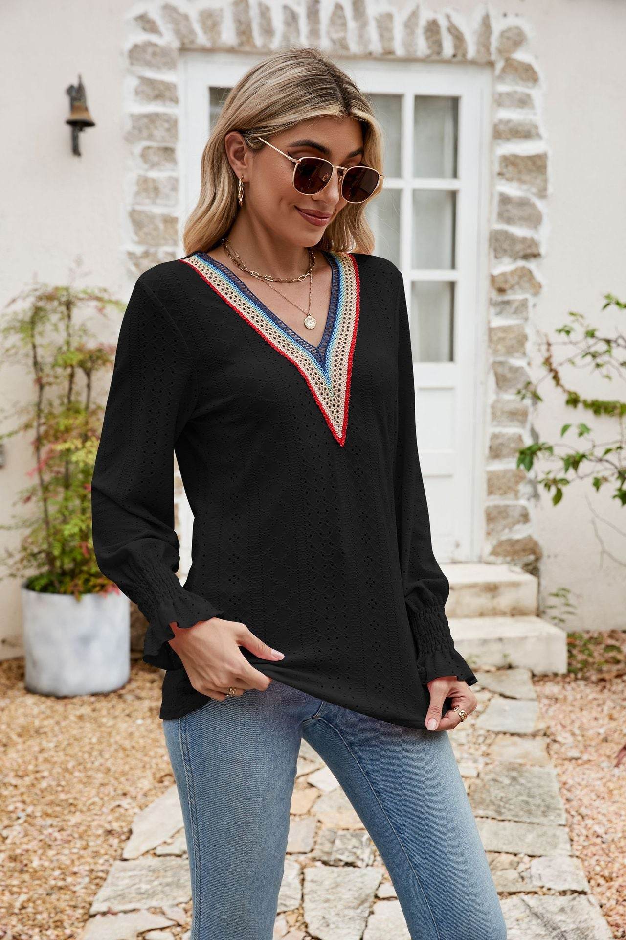Eyelet Flounce Sleeve V-Neck Blouse Trendsi 10e788dfc2e64b7da4c82ffb80751233-Max