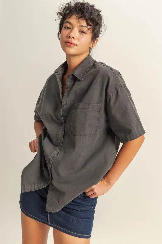 HYFVE Short Sleeve Button Down Oversized Shirt BLACK Trendsi 11104f7681c54d0aac5f616fe56e0b07-Max-Origin