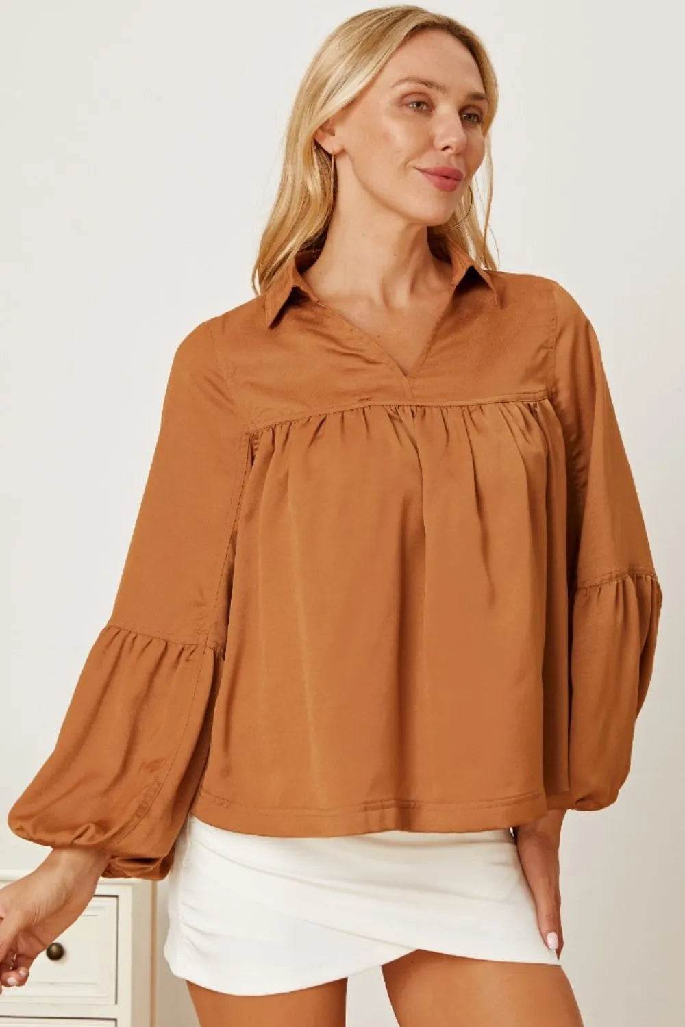 Balloon Sleeve Collared Neck Blouse Trendsi 1128e058-768e-41bb-94a3-aed4cd86dd22-Max
