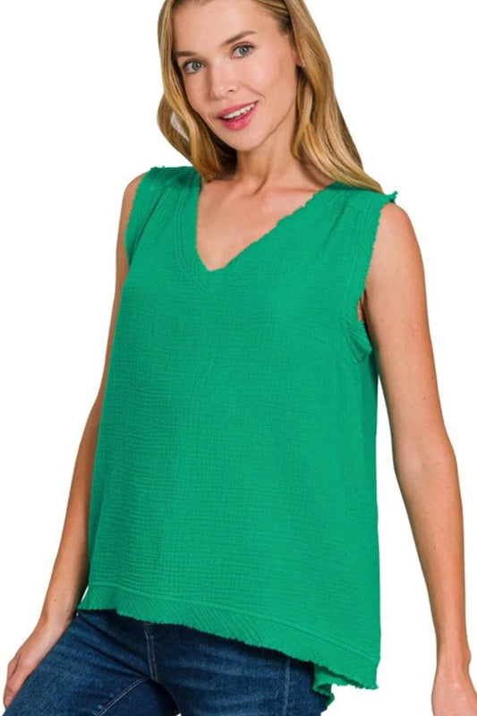 Zenana Double Gauze Raw Edge V-Neck Tank K GREEN Trendsi 112a38b3-d3eb-458c-9552-d2f4d68d21e9-Max-Origin