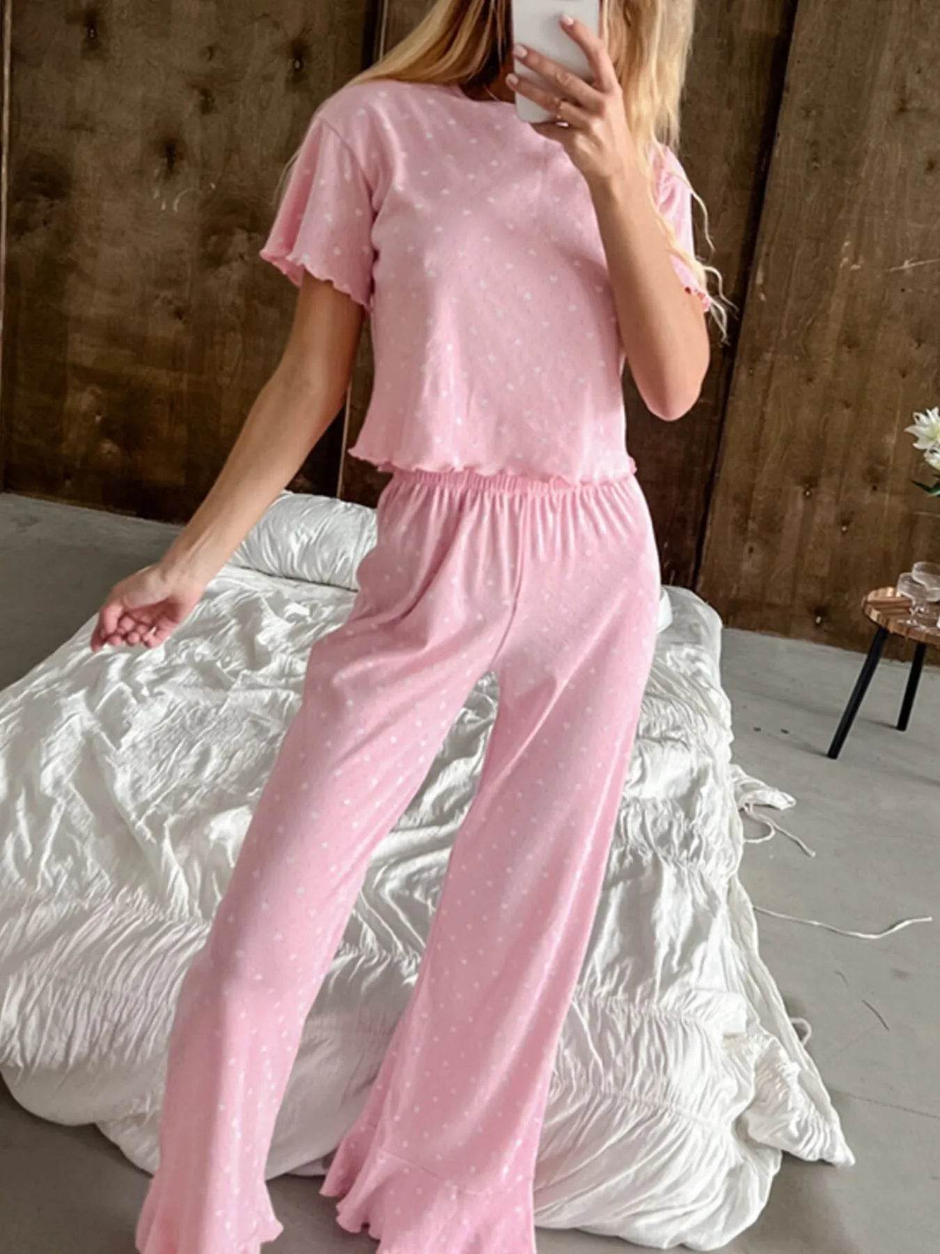 Polka Dot Round Neck Top and Pants Lounge Set Trendsi 113495e9-abdd-4c49-853d-4783f422f197-Max-Origin