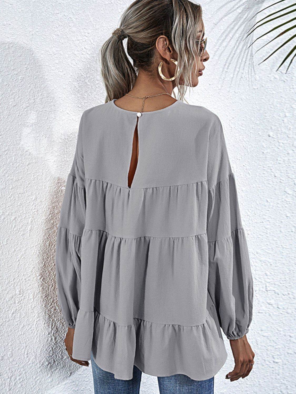 Shiny Round Neck Dropped Shoulder Tiered Blouse Trendsi 113bf64430ea4daf9f07deece71399dd-Max